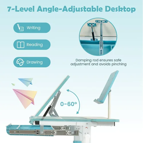 Miniatura 5 de Costzon Escritorio para niños, mesa de estudio ergonómica de altura ajustable para niños con escritorio inclinable y soporte para libros, cajón