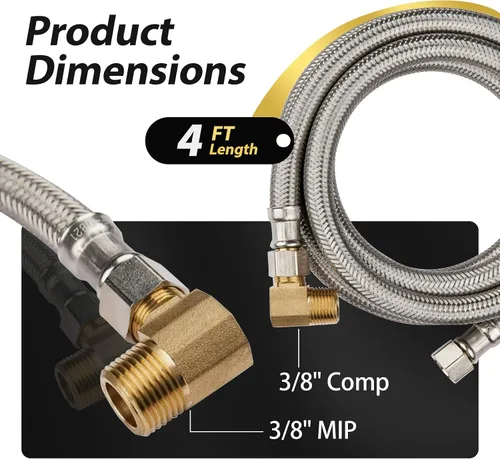Miniatura 2 de Paquete de 1 manguera Foskan de acero inoxidable para lavavajillas de 4 pies con compilación de 3/8 pulgadas x 3/8 pulgadas MIP 90° codo, conector