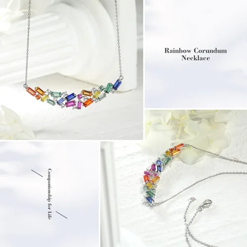 Miniatura 4 de RANDES Collar de barra curvada de arco iris para mujer, plata de ley 925, collar con colgante de piedras preciosas coloridas creadas en laboratorio