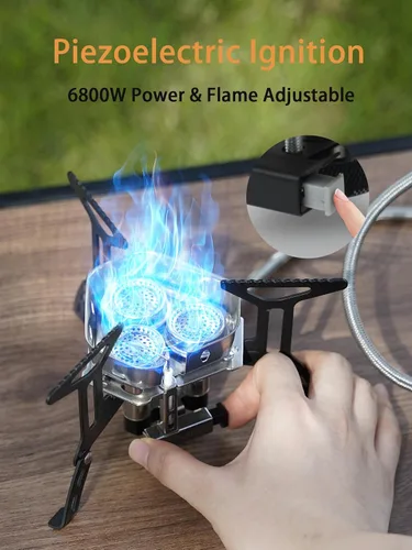 Miniatura 7 de Estufa de gas portátil para acampar de 6800 W, pequeña estufa de mochilero con adaptador de gas propano, mini estufa de campamento plegable