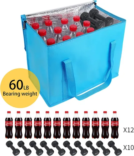 Miniatura 5 de Paquete de 2 bolsas aislantes extra para la compra, azul grande, bolsas reutilizables, Pizza, cremallera resistente, plegable, tote, nevera
