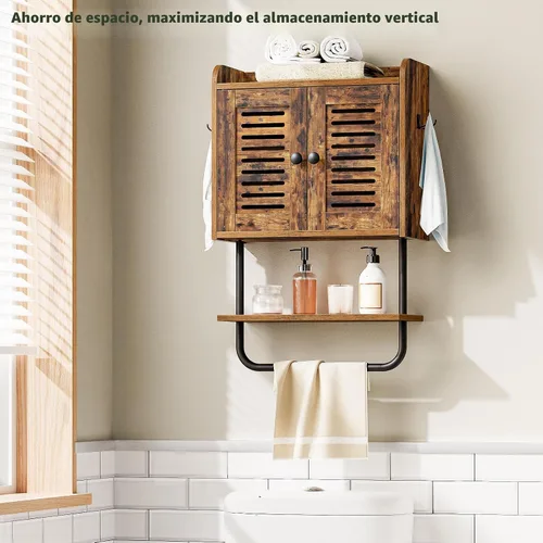 Miniatura 4 de HOOBRO Botiquín de baño, gabinete de pared para baño de doble puerta con toallero, estante ajustable, 2 ganchos, gabinete de almacenamiento sobre