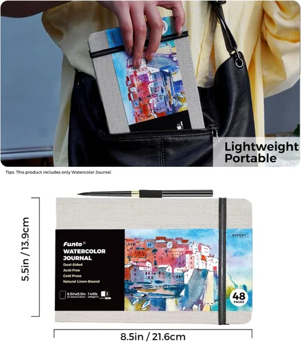 Miniatura 3 de Cuaderno de acuarela Funto, 8.5x5.5, 48 páginas, prensado en frío, bolsillo de papel interior y banda elástica, suministros de arte para medios