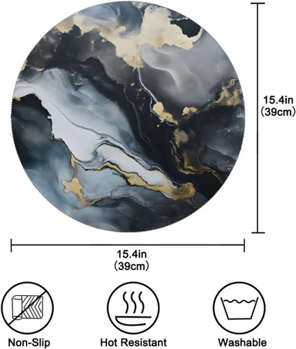 Miniatura 2 de Abstract Black Gold Marble Print Round Place Mats Set of 1, Heat Resistant Washable Placemats Polyester Round Table Mats for Kitchen Home Decor