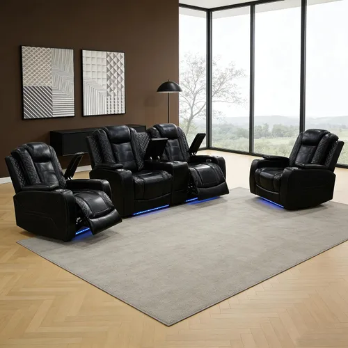 Miniatura 45 de Sofá reclinable individual eléctrico para muebles de sala de estar, silla reclinable de cuero con luces LED, puertos USB, almacenamiento oculto