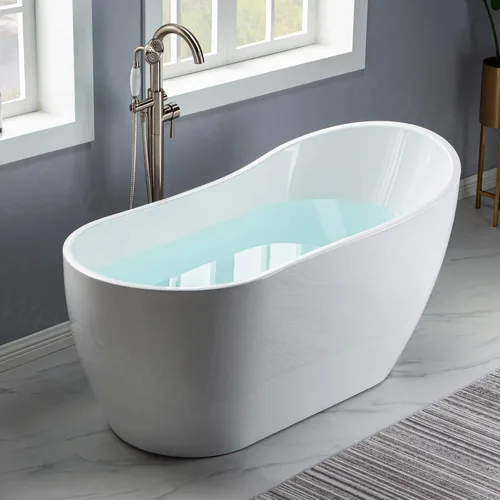 Miniatura 8 de WOODBRIDGE Bañera de acrílico independiente de 59 pulgadas, bañera blanca de remojo contemporánea con desbordamiento y drenaje de níquel cepillado