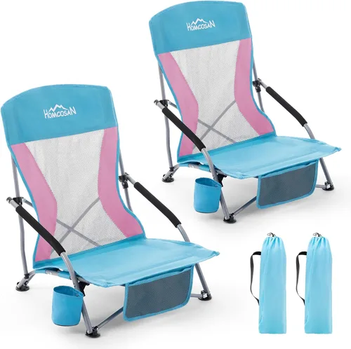 Miniatura 25 de Homcosan Silla de playa portátil baja plegable con paraguas desmontable, silla de campamento ligera para adultos con portavasos y bolsillo