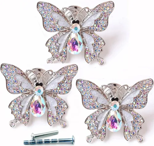 3 piezas de cristales blancos, diamantes, mariposas, cajones, pomos, animales, jaladores, brillantes, mariposas, pomos para decoración de muebles