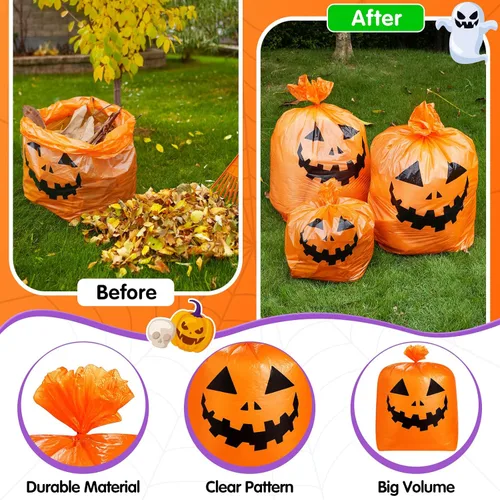 Miniatura 3 de Qilery 6 bolsas de césped de hojas de Halloween, bolsas de basura de calabaza de plástico para hojas con lazos giratorios para Halloween, patio