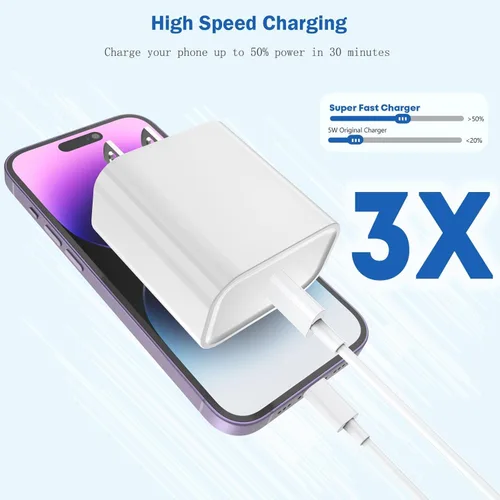 Miniatura 2 de Cargador de iPhone de carga rápida, paquete de 2 bloques de carga de pared USB C de Apple PD con cable USB-C a Lightning de 3 pies, adaptador tipo C