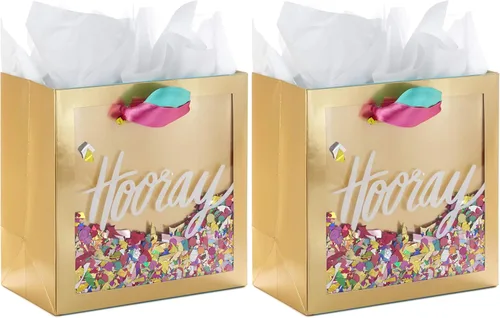 Miniatura 7 de Hallmark Signature - Bolsa de regalo de 7 pulgadas (tamaño mediano) con papel de seda (¡Hurray! Oro con confeti rosa, turquesa, púrpura)