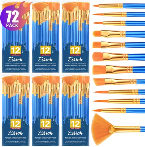 ESRICH Set de pinceles de pintura, paquete de 6, 72 piezas de pinceles de pelo de nylon con punta redonda para pintura acrílica, acuarela, pintura
