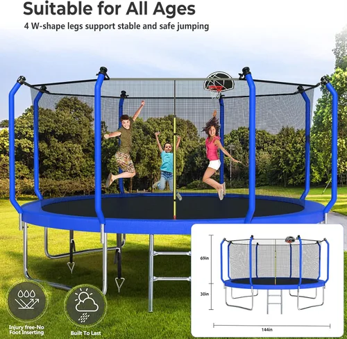 Miniatura 5 de Lyromix Trampolín mejorado de 8 pies/10 pies/12 pies/14 pies con aro de baloncesto, luz, aspersor, estacas – patio trasero al aire libre para 4-6