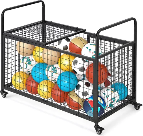 Miniatura 7 de AECOJOY Almacenamiento de carrito de bolas, cubo de baloncesto con ruedas para garaje, escuela, gimnasio, equipo deportivo y organizador