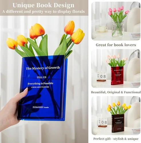 Miniatura 3 de Puransen - Jarrón azul en forma de libro para flores - Decoración estética de habitación para hogar/oficina moderno, organizador de estante Azul
