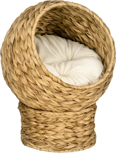 PawHut Cama elevada tejida a mano para gatos con cojín suave y forma de silla de huevo, cama de cesta con soporte, casa de mimbre elevada para gatos