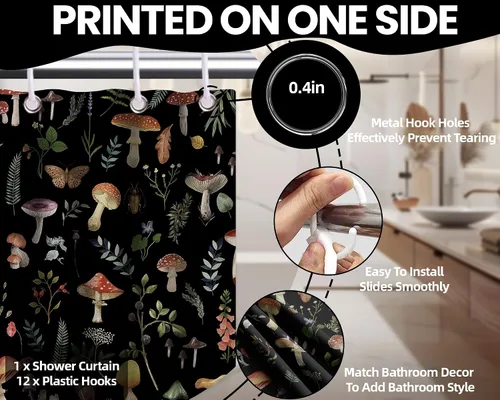 Miniatura 8 de Cortina de ducha de hongos, bonito juego de cortinas de ducha de hongos negros para decoración de baño, tela de poliéster impermeable con ganchos