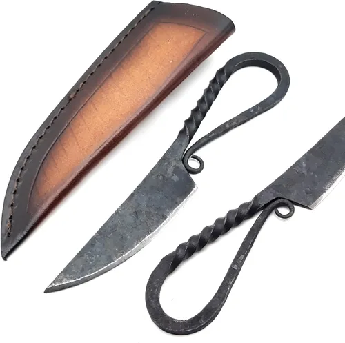 Miniatura 5 de ANCILLA Cuchillo de ciervo de campamento hecho a mano para caza de damasco, hoja fija de espiga completa, mini cuchillo de cuello de vaquero