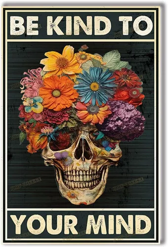 TSEZLOJH Lienzo decorativo para pared, diseño de flores con texto en inglés «Be Kind to Your Mind», diseño retro para tus familiares y amigos, marco