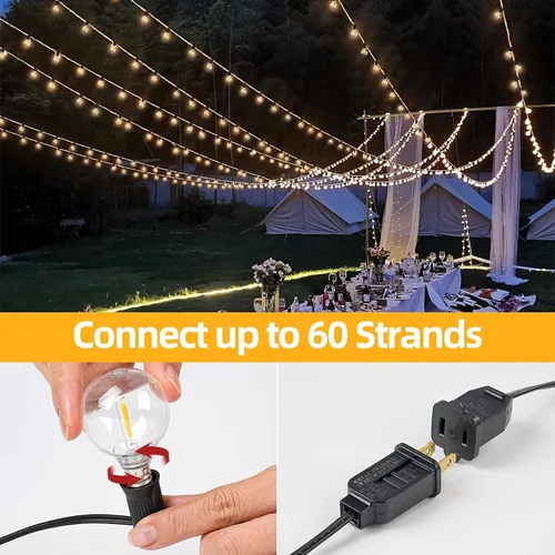 Miniatura 5 de Luces de cadena LED G40 para exteriores de 25 pies con 12+1 bombillas, enchufe E12, blanco cálido de 2700K, grado comercial, resistente a