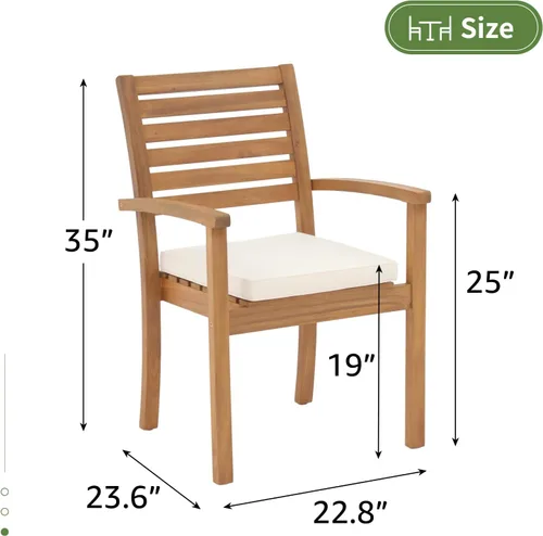 Miniatura 3 de OC Orange-Casual Juego de 2 sillas de comedor apilables para patio, sillas de madera de acacia para exteriores con reposabrazos y cojín de tela Beige