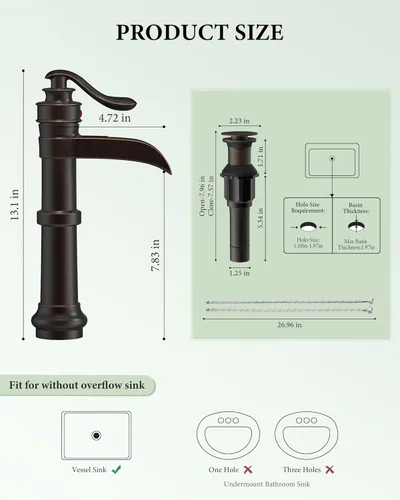 Miniatura 3 de Homevacious Fregadero de cascada de bronce aceitado alto negro de una sola manija lavabo de baño con montaje de drenaje desplegable Lavabo mezclador