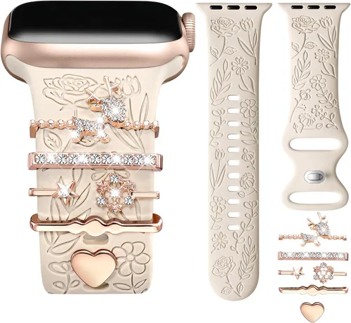 Miniatura 14 de DaQin Banda con Flor Grabada Compatible con Apple Watch, Bandas de 44mm, 42mm, 45mm, 46mm para Mujeres, Correa de Silicona Suave con Decoración