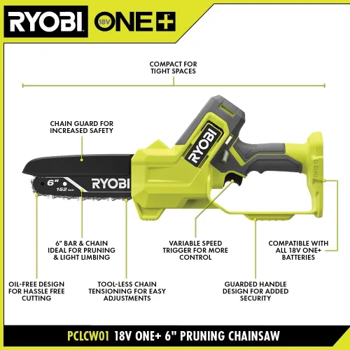 Miniatura 2 de Ryobi ONE+ Mini Motosierra Compacta de Poda con Batería de 18V de 6 pulgadas (SOLO HERRAMIENTA - batería y cargador NO INCLUIDOS), PCLCW01B