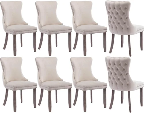 Miniatura 17 de Juego de 4 sillas de comedor de terciopelo, sillas de comedor tapizadas con respaldo de alas altas con ribete de cabeza de clavo, patas de madera