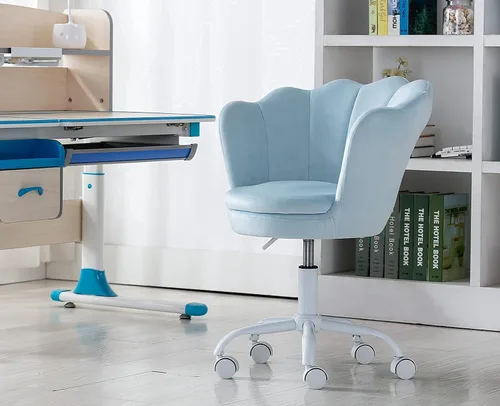 Miniatura 8 de chairus Linda silla de escritorio para niños, de terciopelo, para sala de estar, silla tapizada para adolescentes con respaldo de concha, silla Azul