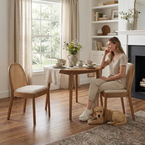 LukeAlon Juego de 2 sillas de comedor de lino, sillas laterales de caña tejida natural con patas de madera maciza, sillas de comedor de mediados de