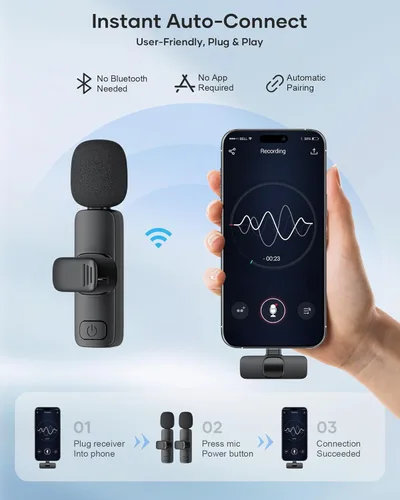 Miniatura 2 de Paquete de 2 micrófonos de solapa inalámbricos para iPhone, iPad y teléfono Android, micrófono de solapa Plug and Play, micrófono inalámbrico