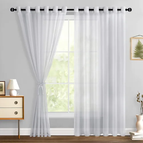Miniatura 160 de Hiasan - Cortinas traslúcidas de gasa cortas semitransparentes con ojales y alzapaños filtrantes de luz para ventana, dormitorio, baño, 2 paneles