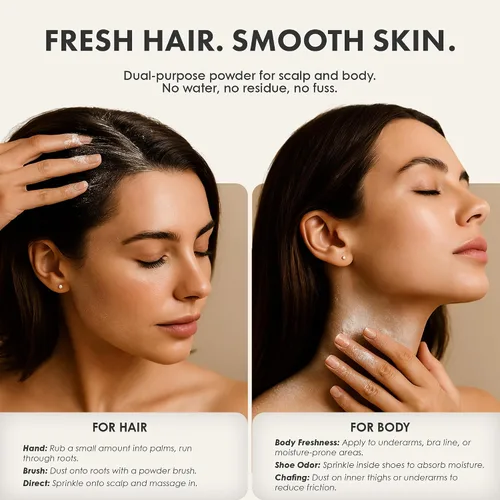 Miniatura 5 de Champú seco en polvo, ideal para cabello oscuro, rubio y graso, polvo corporal orgánico para mujeres y hombres, sin parabenos ni talco, sin