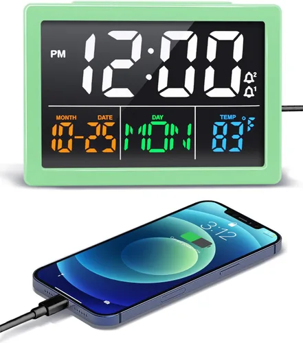 Miniatura 11 de Reloj despertador digital, con pantalla LED grande de 5.5", volumen de alarma ajustable, 6 niveles de brillo, ajustes de alarma, cargador USB