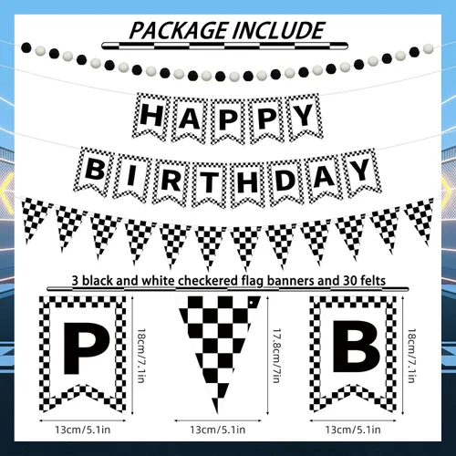 Miniatura 2 de Fuyoooo 4 banderas de feliz cumpleaños a cuadros en blanco y negro con bandera de carreras, banderas de fiesta, incluidas decoraciones de fiesta