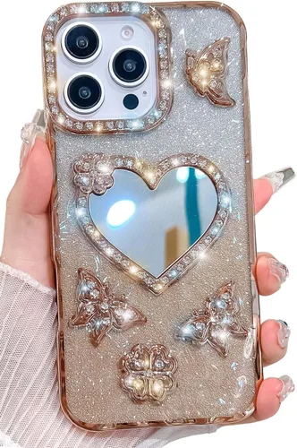 Miniatura 20 de Bonita funda compatible con iPhone 13 Pro de 6.1 pulgadas, diamantes brillantes + fundas de tarjetas con purpurina con soporte de corazón de amor