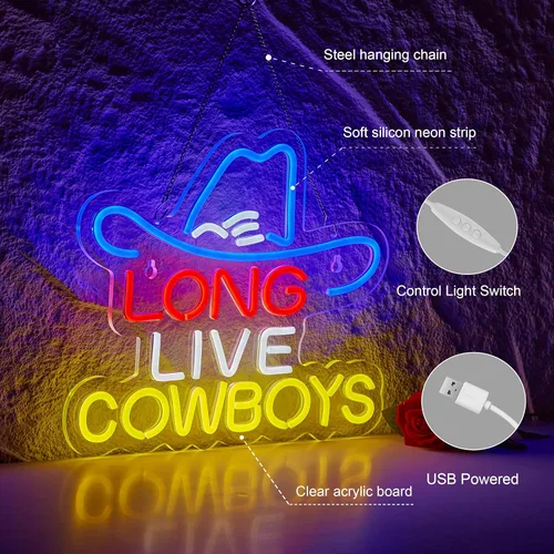 Miniatura 5 de Letrero de Neón Long Live Cowboy para Decoración de Pared, Luz de Decoración con Letrero de Neón LED Cowboy. blanco+azul+amarillo+rojo