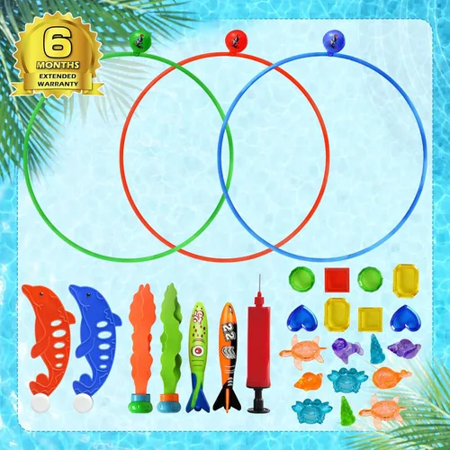 Miniatura 7 de Jasonwell Juguetes de piscina, anillos de buceo, 28 piezas, juego de piscina, juguetes de buceo con anillo de buceo, tesoros submarinos, bandidos