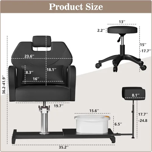 Miniatura 3 de Silla de pedicura sin fontanería con reposapiés de altura ajustable y taburete rodante, estación de pedicura para silla de spa Nail Tech, silla