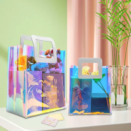 Miniatura 4 de Bolsas de regalo pequeñas holográficas, paquete de 2 unidades de 7.9 x 7.1 x 3.9 pulgadas con asas para mujeres, niñas, cumpleaños, Navidad, fiestas