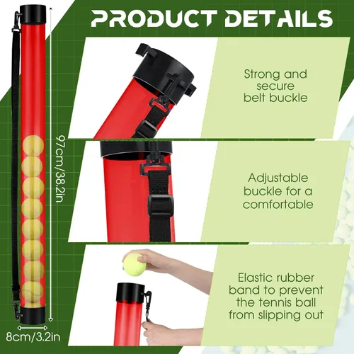 Miniatura 2 de Lenwen 2 piezas de tubo de recogida de pelota de tenis con correa para el hombro, soporte ligero para colector, 15 pelotas de tenis, agarrador, Rojo