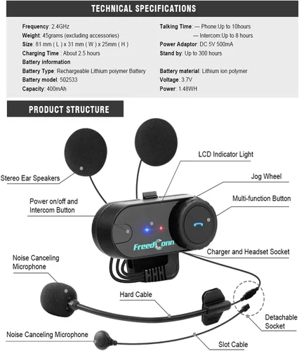 Miniatura 3 de FreedConn TCOM VB - Auriculares Bluetooth para motocicleta, sistemas de comunicación de casco de 2 vías 800M, casco intercomunicador Bluetooth