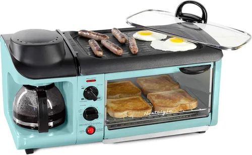 Miniatura 12 de Nostalgia Estación de desayuno retro 3 en 1, incluye cafetera de 5 tazas, plancha de cerámica antiadherente y horno tostador de 4 rebanadas, Rojo