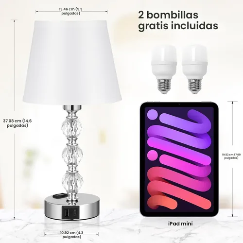 Miniatura 2 de Lámpara de mesa, de cristal, regulable de 3 vías, con 2 puertos de carga USB, de 17.7 pulgadas de alto con moderna pantalla, lámpara de cama