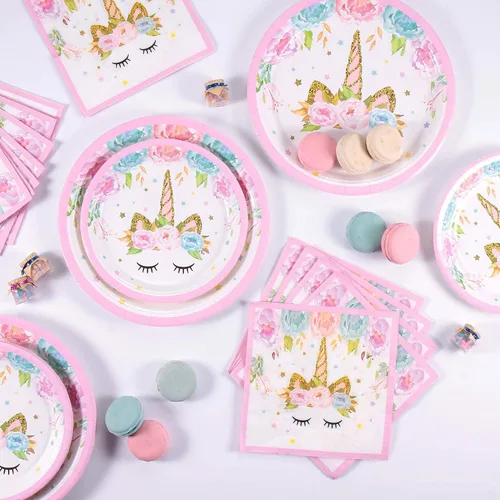 Miniatura 3 de Suministros de fiesta de cumpleaños para niñas, incluyendo platos, tazas, pajitas, mantel para fiesta de cumpleaños rosa, sirve a 16 invitados