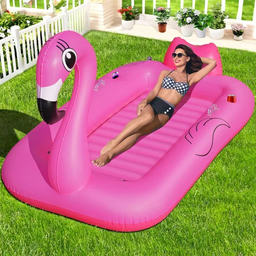 LanAqua Flotador inflable de flamenco para piscina, flotadores grandes de color rosa para tomar el sol para adultos con portavasos y soportes para