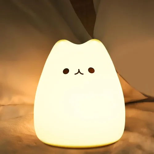 Luz nocturna LED, lámpara para niños alimentada por baterías, silicona multicolor lindo gato con blanco cálido y modo de respiración de 7 colores