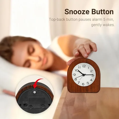 Miniatura 6 de Reloj despertador analógico vintage de madera maciza, funciona con pilas, con luz nocturna no interrumpida, reloj despertador sin tictac con botón