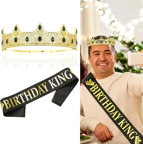 Miniatura 2 de Corona de Rey NA y Banda de Cumpleaños, Regalos de Decoración de Baile de Graduación para Hombres (Dorado-1)